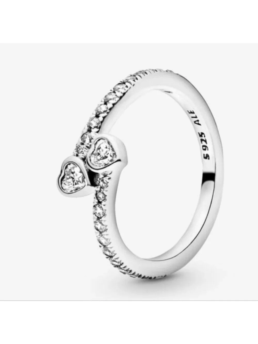 Pandora Two Sparkling Hearts Sterling Silver Ring 191023cz, size 50